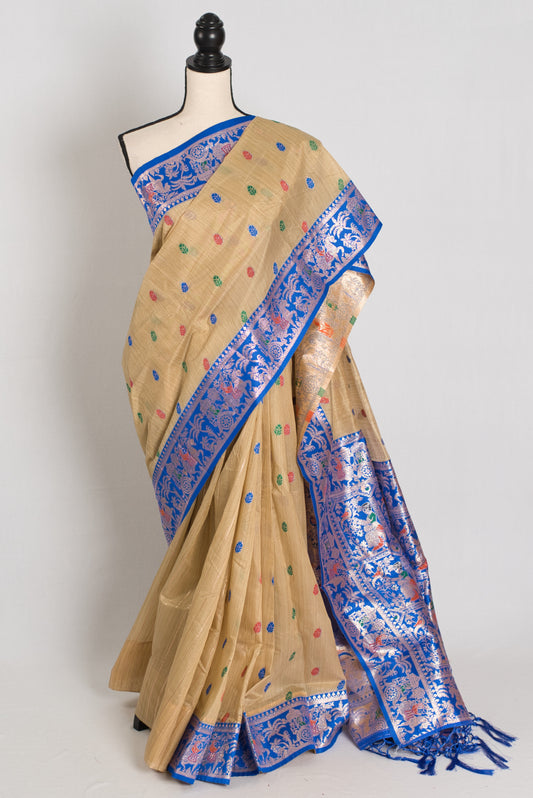 Bristi: Budget Friendly Blended Cotton Baluchari Saree in Beige and Blue image 0