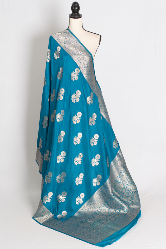 Kalyani : Turquoise Blue Semi Crepe Banarasi Saree with Silver Zari image 1