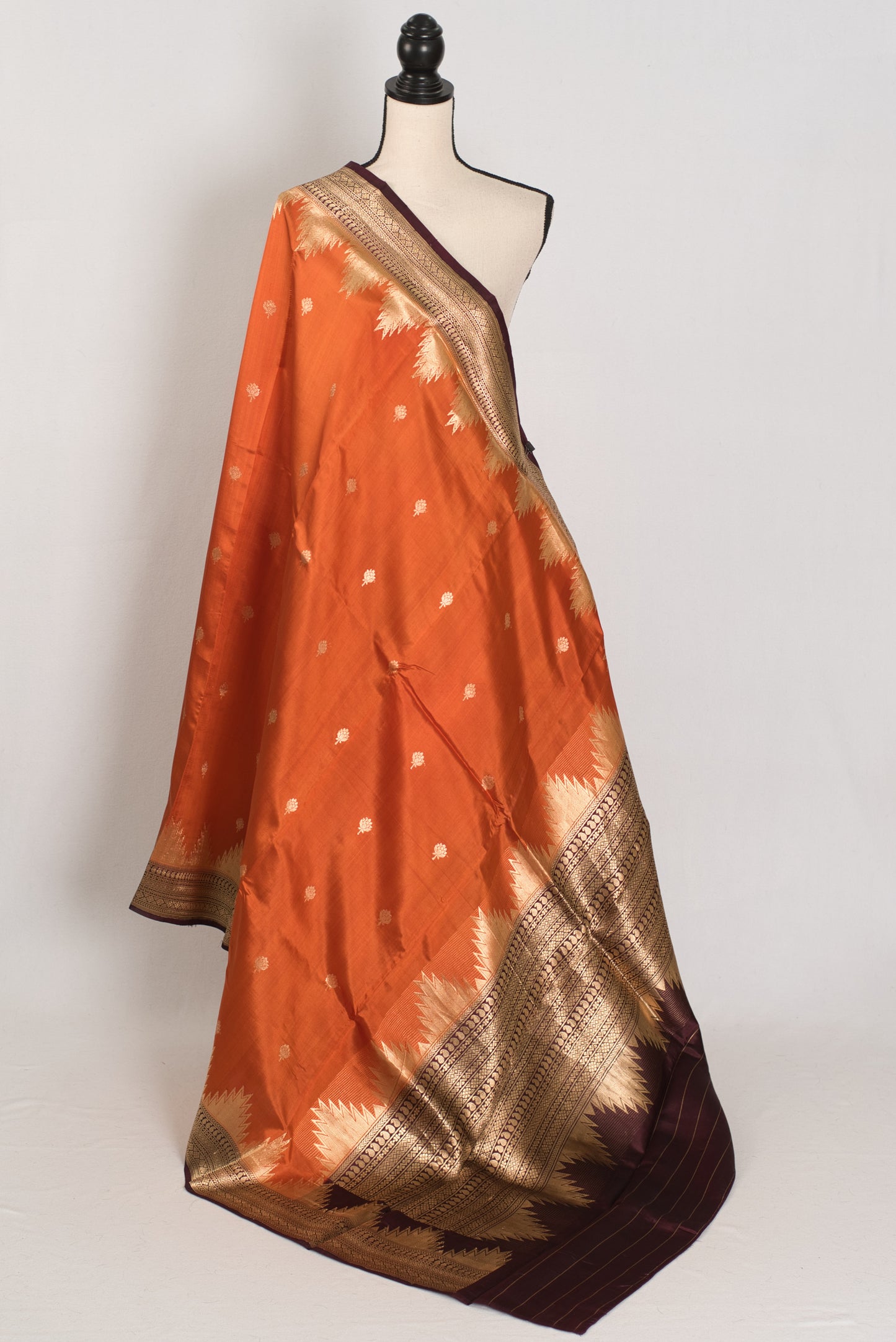 Bina: Rust Orange Pure Silk Banarasi Saree with Temple Border image 1