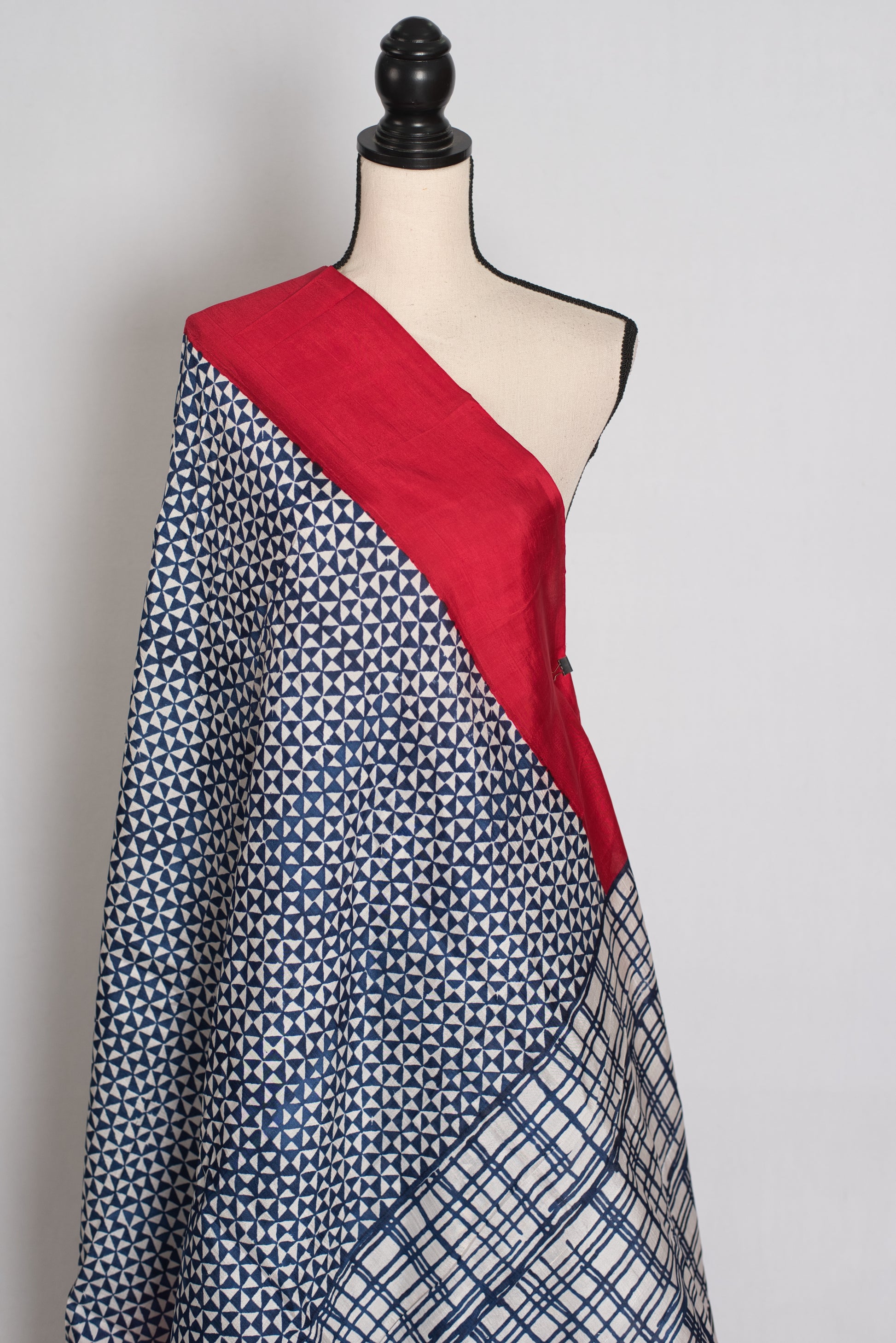 Arundhuti : Blue and Red Contemporary Hand Block Printed Murshidabad Silk Saree image 4