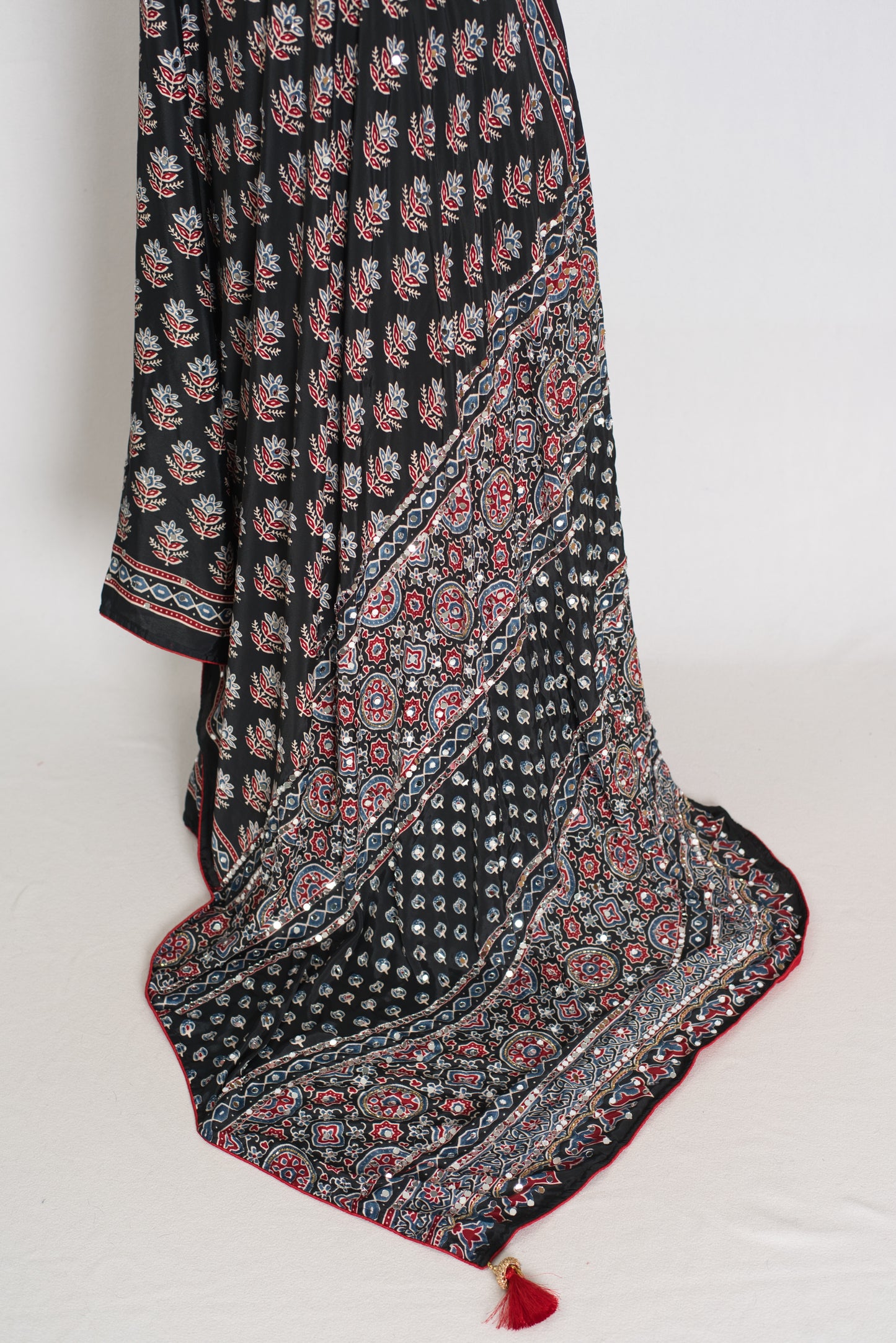Afrin | Black Ajrakh Printed Saree | Mirror Work Semi Modal Silk image 3