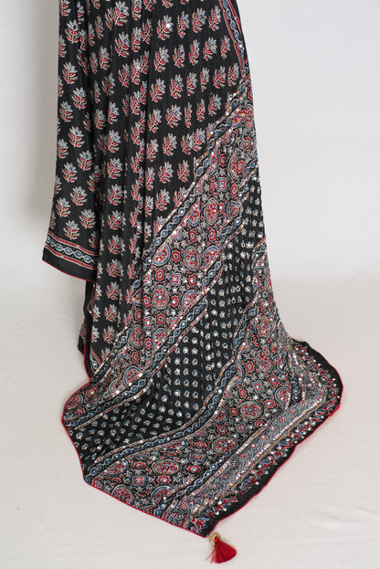 Afrin | Black Ajrakh Printed Saree | Mirror Work Semi Modal Silk image 3