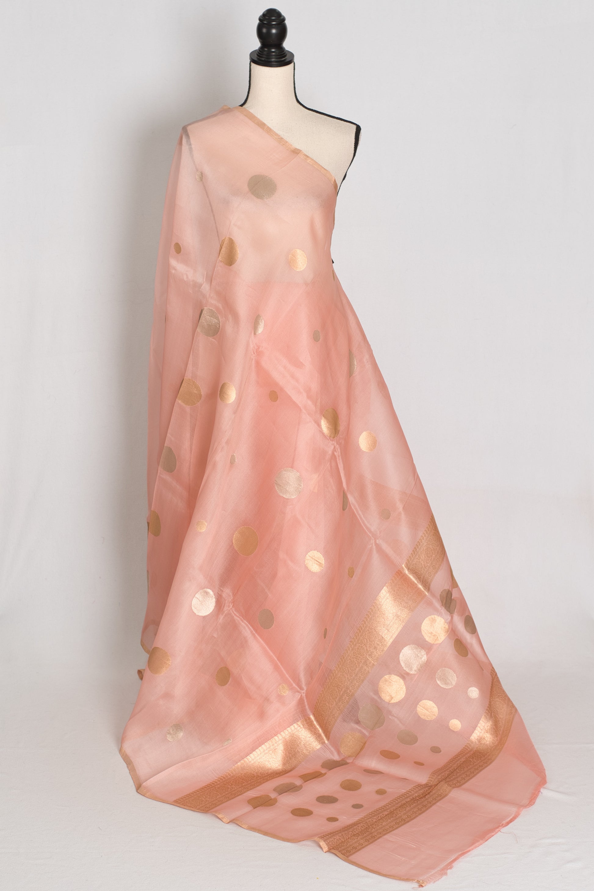Medha : Peachy Pink Polka Dot Handwoven Kora Banarasi Silk Saree | Silk Mark image 1