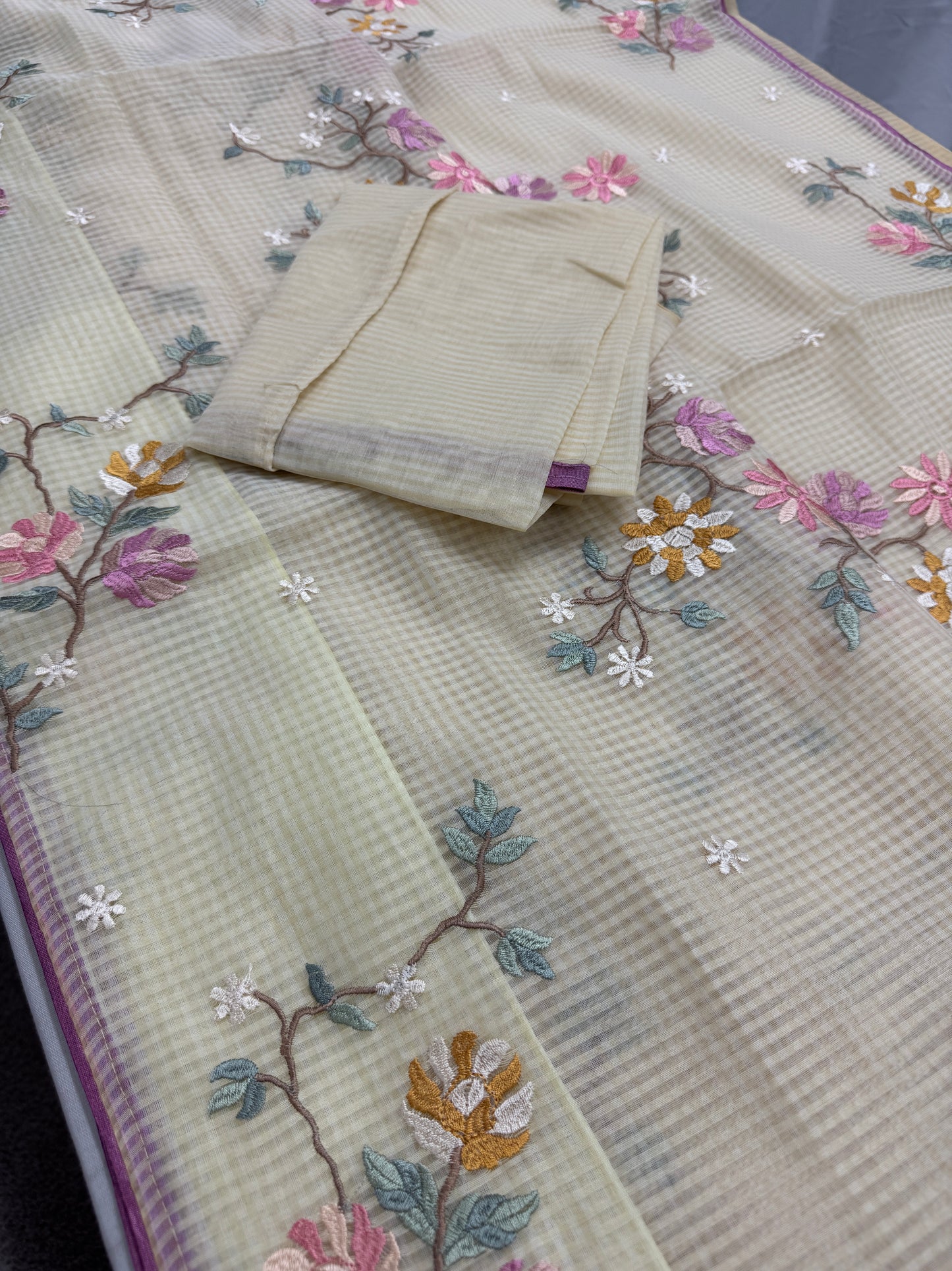 Srija | Yellow Floral Embroidery Blended Cotton Kota Saree image 2