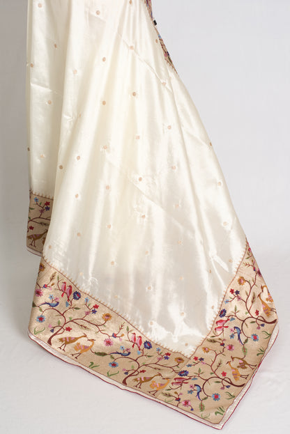 Sandhi : Semi Tussar Silk Embroidered Designer Saree in Off White and Gold image 3