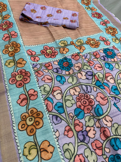 Brinda: Rustic Brown & Cerulean Blue Semi Tussar Saree | Floral Kalamkari Print image 1
