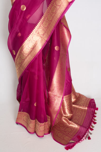 Gracy : Purple and Gold Chand Sitara Kora Organza Banarasi Saree image 6