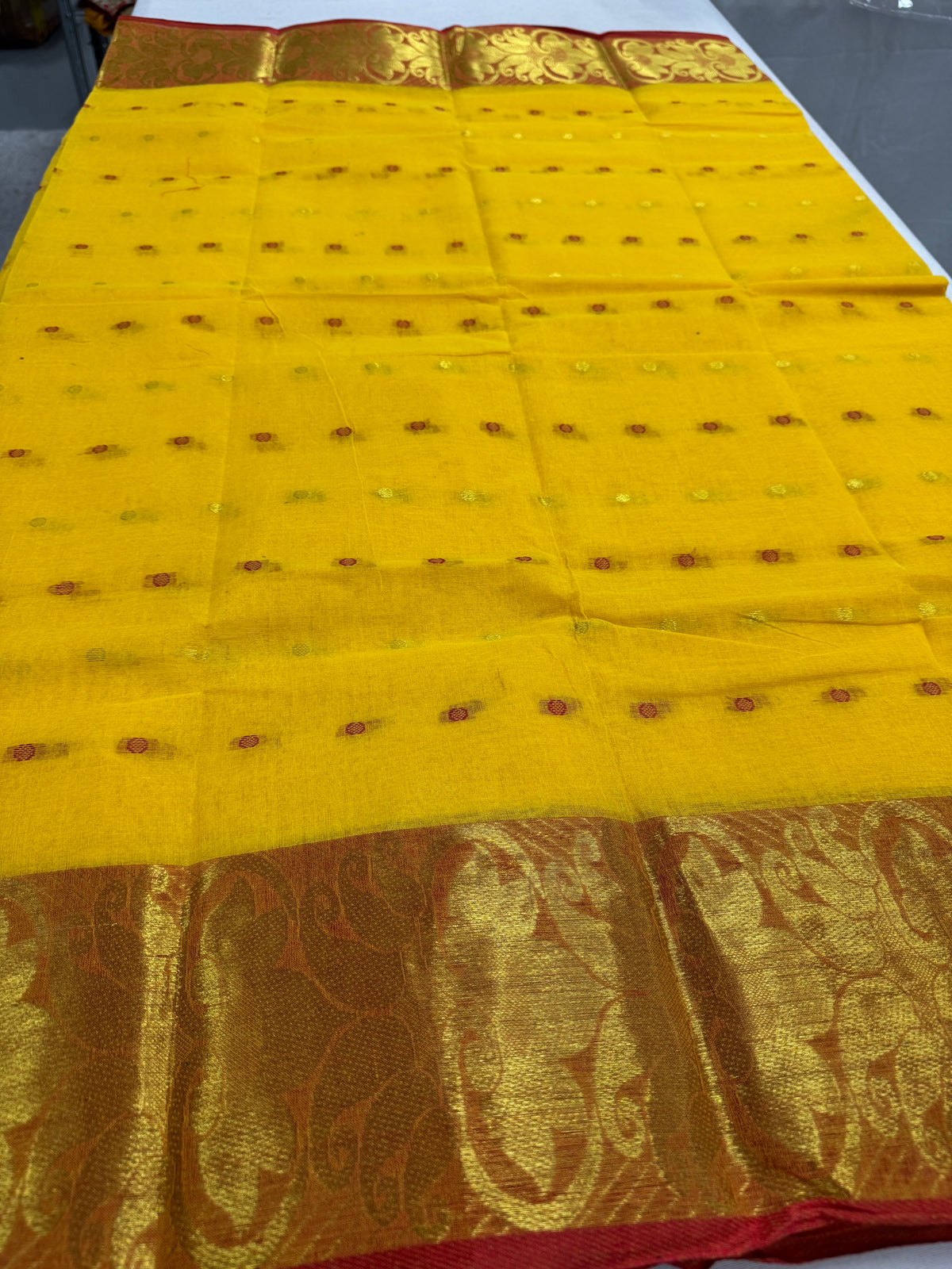 Yellow and Red Tant saree — front view
