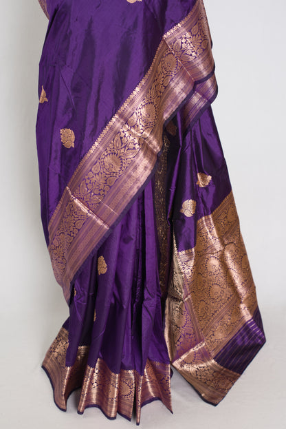 Naina | Deep Purple & Antique Gold Pure Katan Silk Banarasi Saree image 6