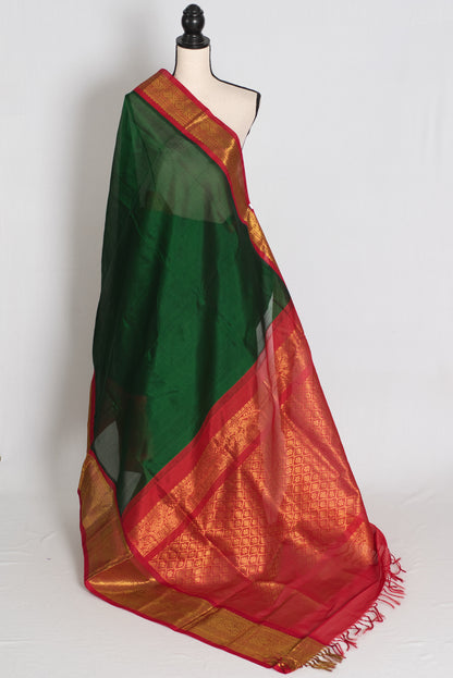 Latha : Bottle Green and Red Cotton Silk Kanjivaram Saree with 36 Size Blouse image 5