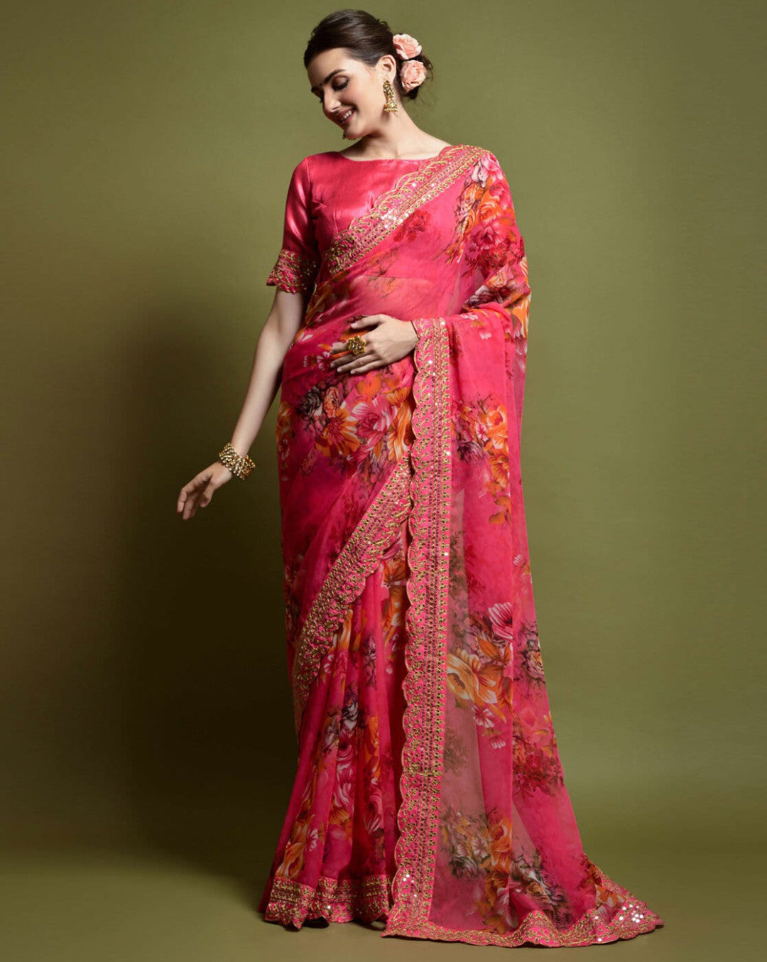 Designer Floral Georgette Partywear Saree in Pink.