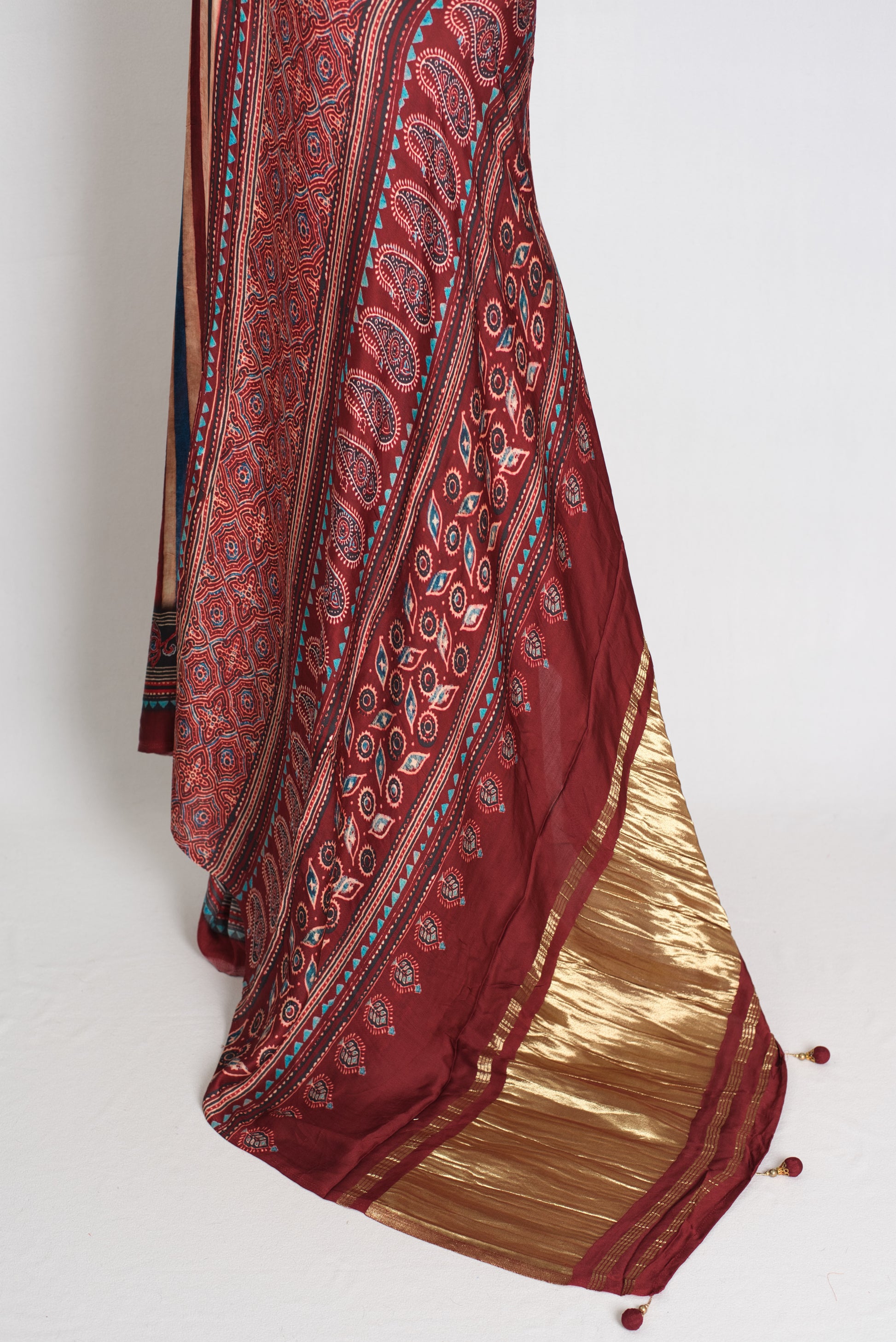Soraya : Maroon Modal Silk Ajrakh Saree with Multi-Color Vertical Stripes image 3