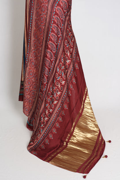 Soraya : Maroon Modal Silk Ajrakh Saree with Multi-Color Vertical Stripes image 3