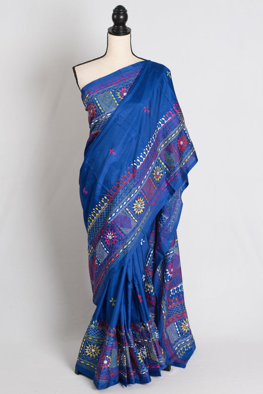 Savitri : Blue Blended Silk Saree with Hand Embroidery Lambani Work image 0
