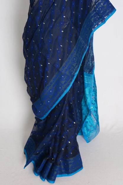 Neela : Midnight Blue & Turquoise Soft Blended Cotton Jamdani Saree image 5