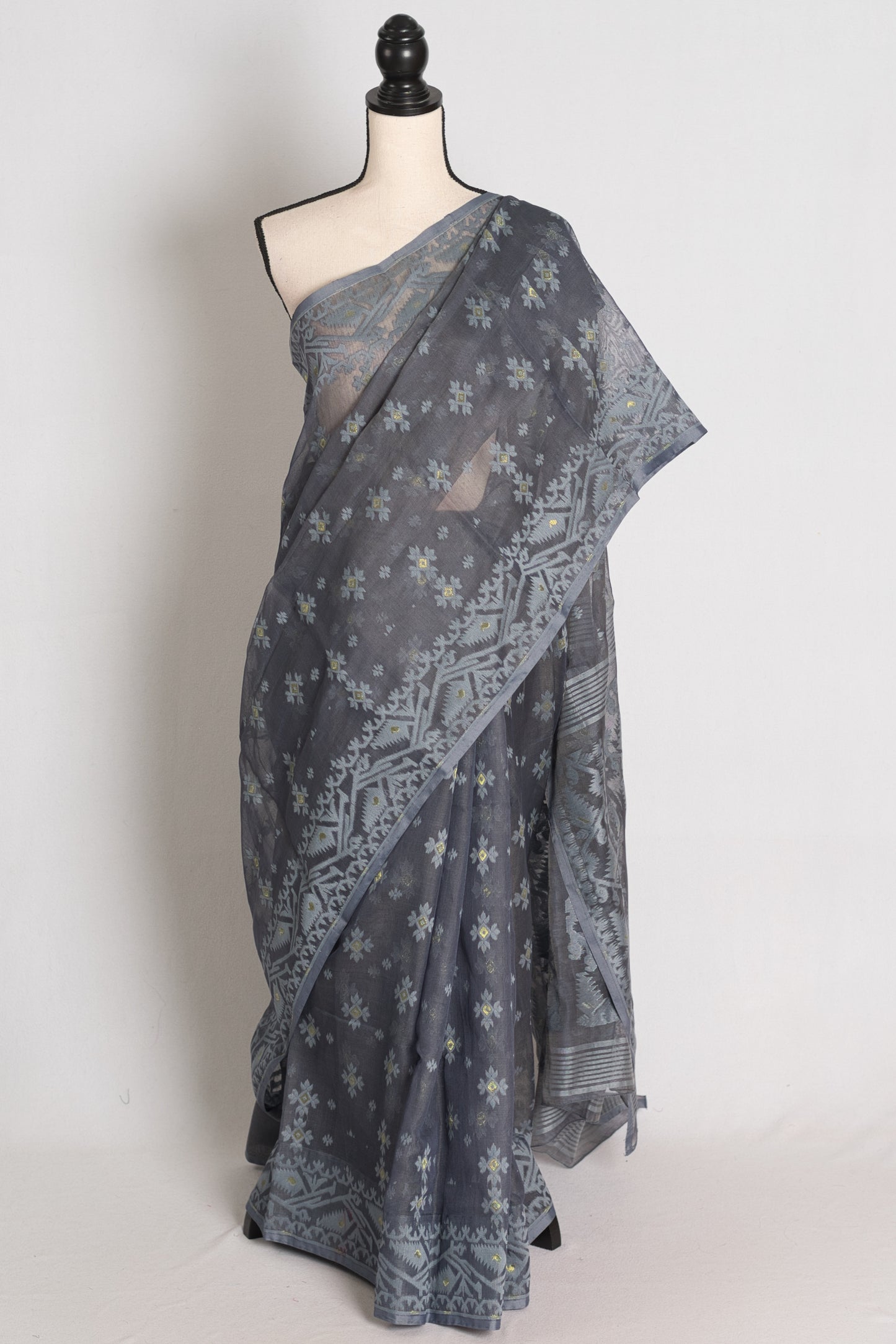 Aman : Cloud Grey Soft Blended Cotton Bengali Jamdani Saree image 0