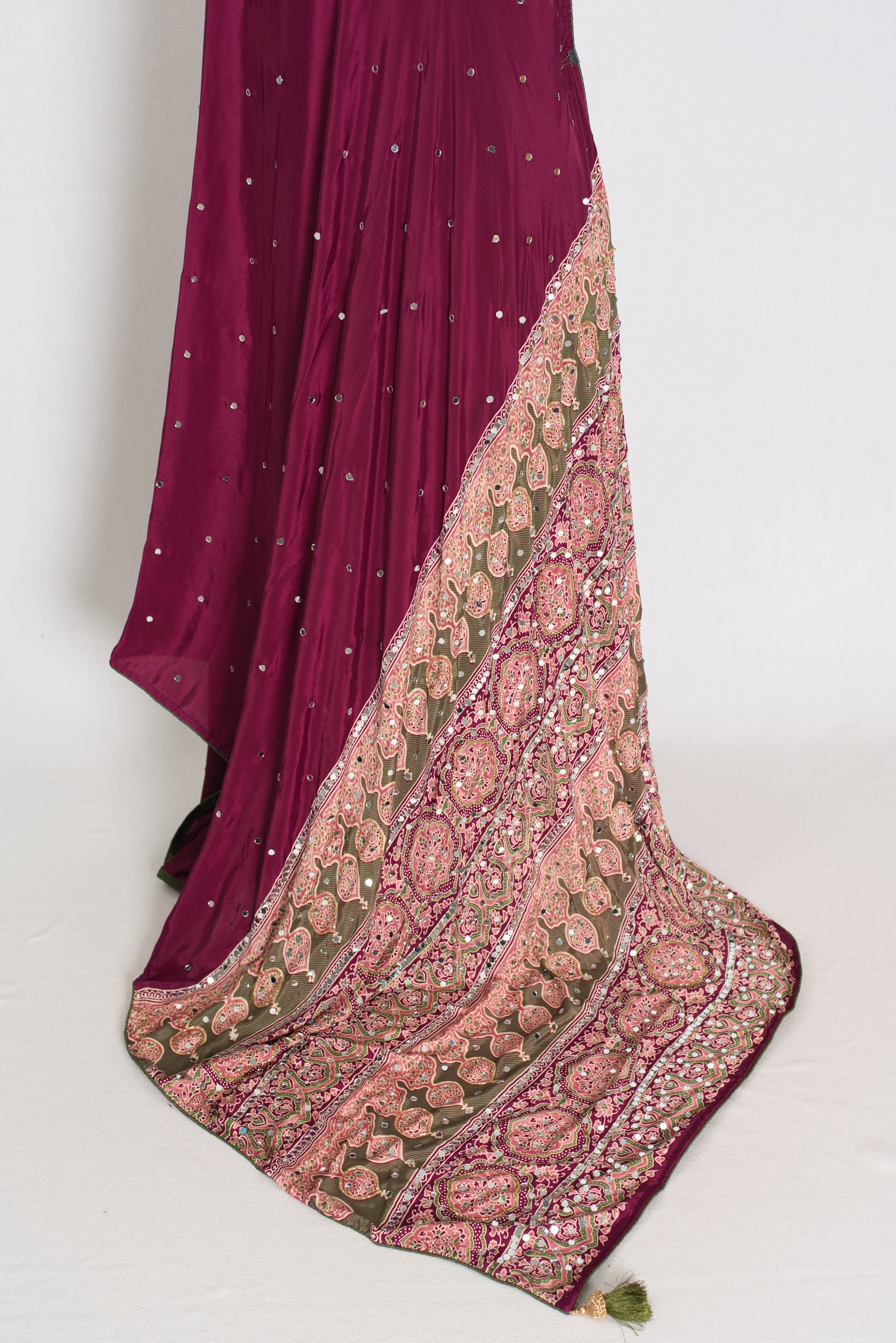 Naheed | Wine Color Mirror Work Partywear Ajrakh Saree | Bollywood Inspired image 3