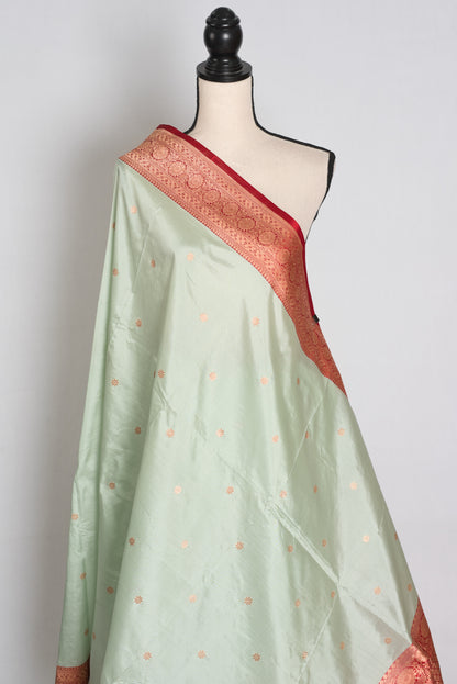 Pastel Green and Red Banarasi saree — border detail