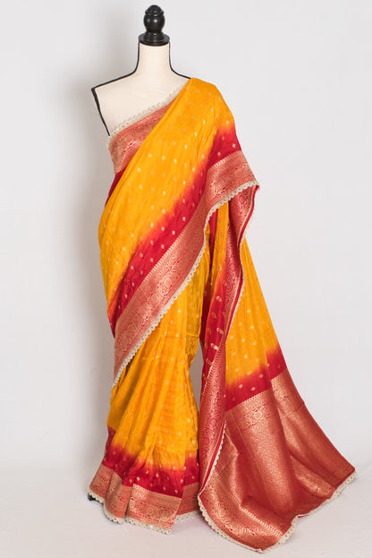 Mala | Yellow & Red Dola Silk Banarasi Saree | Soft & Flowy image 0