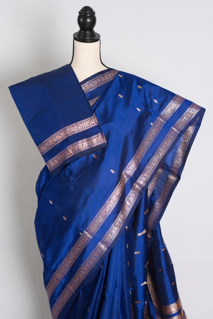 Royal Dark Blue and Antique Gold Banarasi saree — drape view