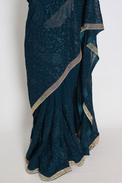 Sia | Cobalt Blue Georgette Kashmiri Embroidery Saree| Designer Cocktail Glamour image 5