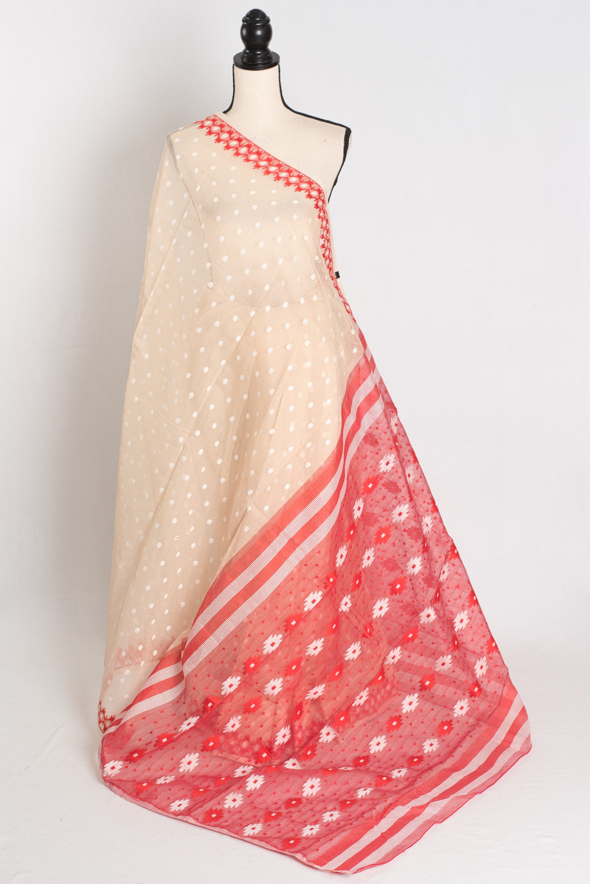 Ahiri : Beige and Red Blended Soft Cotton Jamdani Bengali Saree image 4