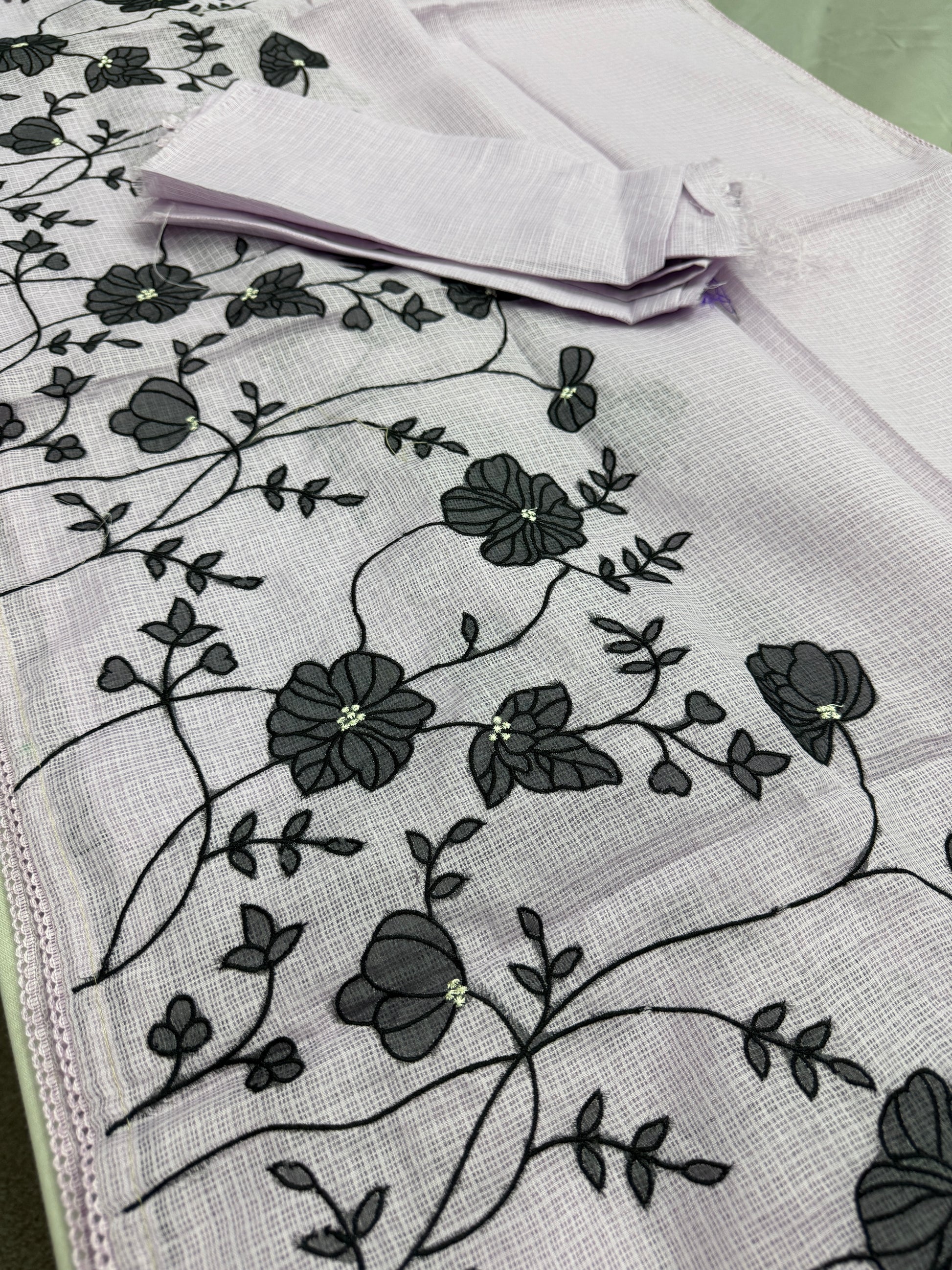 Riddhi | Lavender & Black Semi Kota Silk Saree | Floral Appliqué image 3