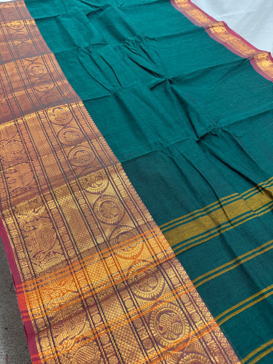 Gayetri : Handwoven Kanchi Cotton Saree in Peacock Green image 0