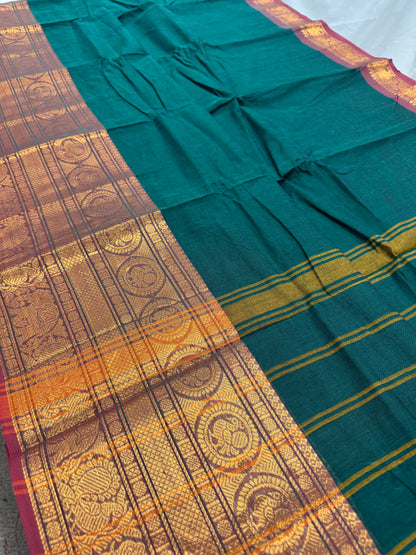 Gayetri : Handwoven Kanchi Cotton Saree in Peacock Green image 4