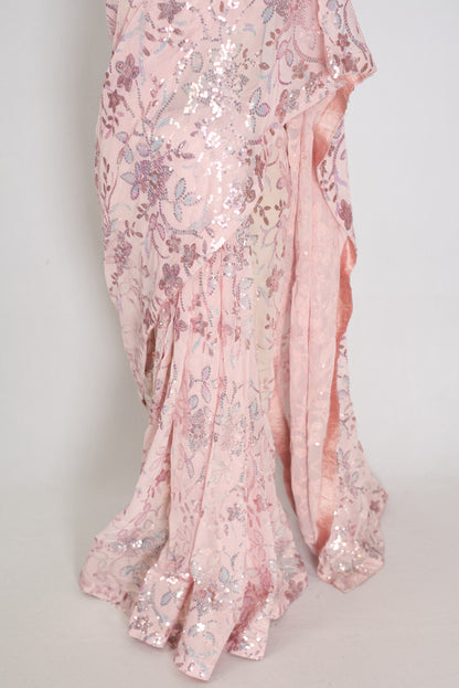 Ila | Baby Pink Soft Net Saree | Ready-to-Wear Set with Size 36 Stitched Blouse image 8
