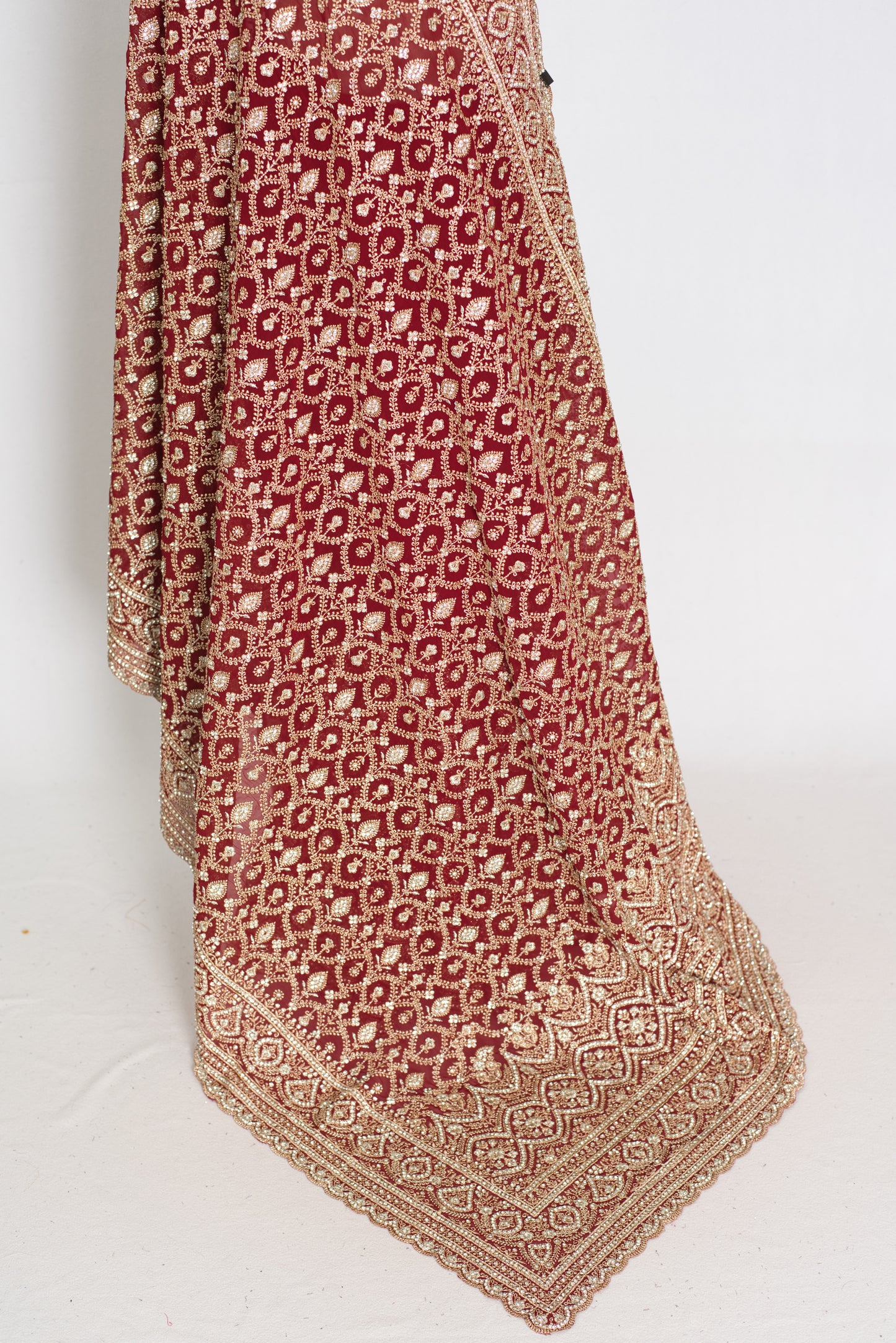 Mohey | Maroon and Gold Georgette Bridal Saree | Elegant Royal Festive Wear image 3