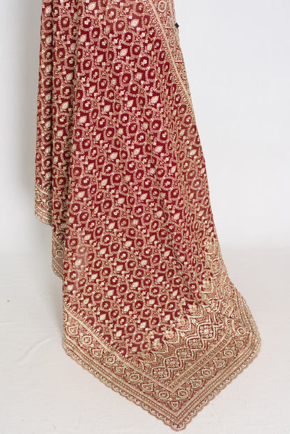 Mohey | Maroon and Gold Georgette Bridal Saree | Elegant Royal Festive Wear image 3