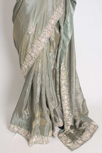 Fariha : Sage Green Hand Embroidered Zardozi Soft Organza Party Wear Saree image 6