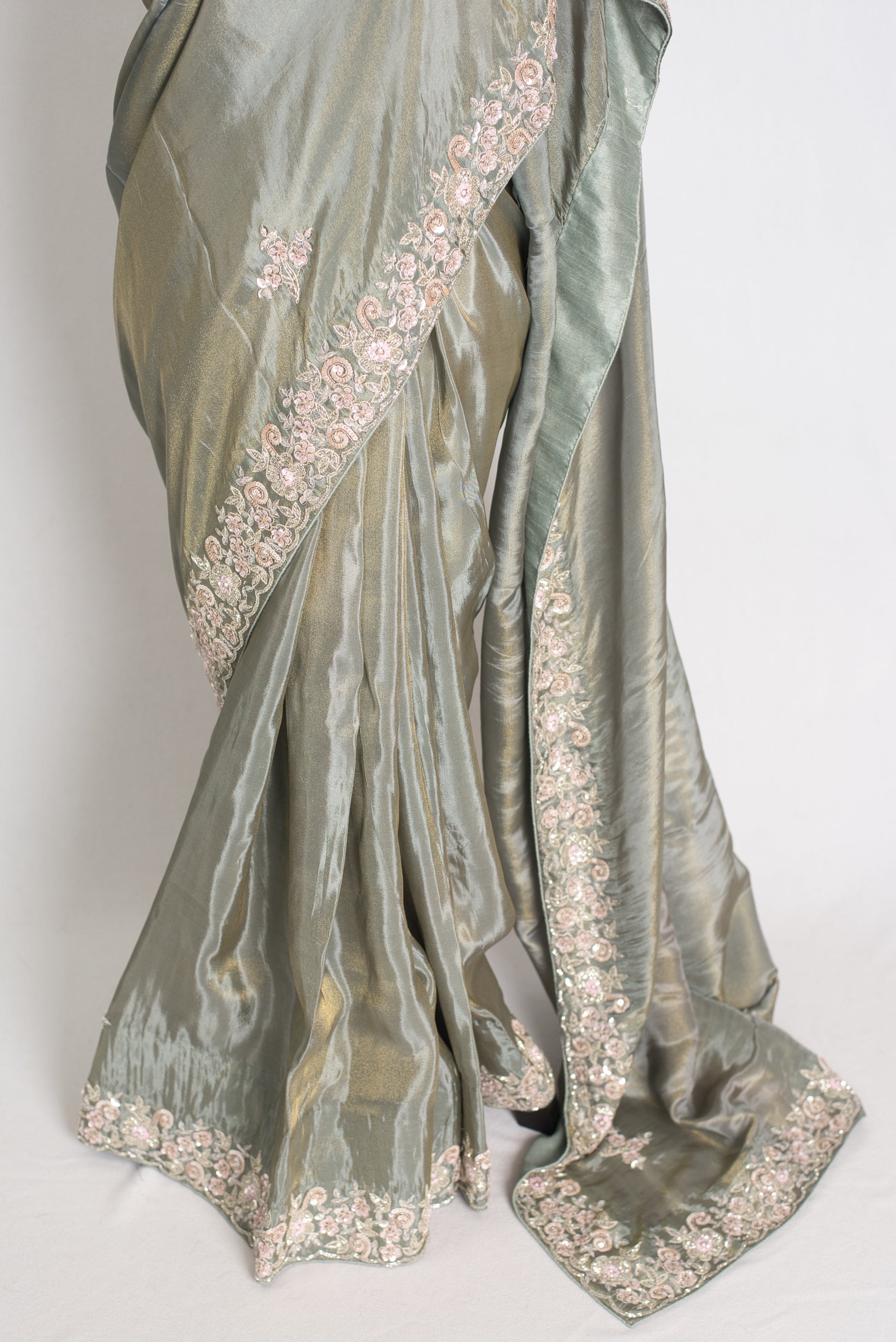 Fariha : Sage Green Hand Embroidered Zardozi Soft Organza Party Wear Saree image 6