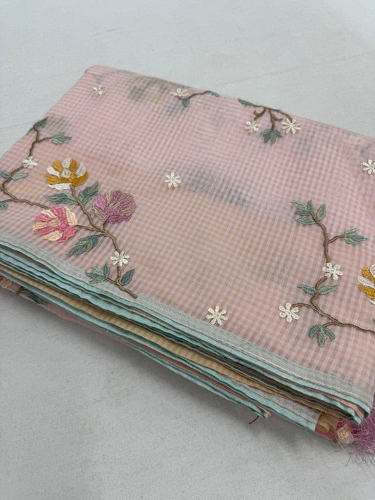 Rohini | Pink Floral Embroidery Blended Cotton Kota Saree image 1