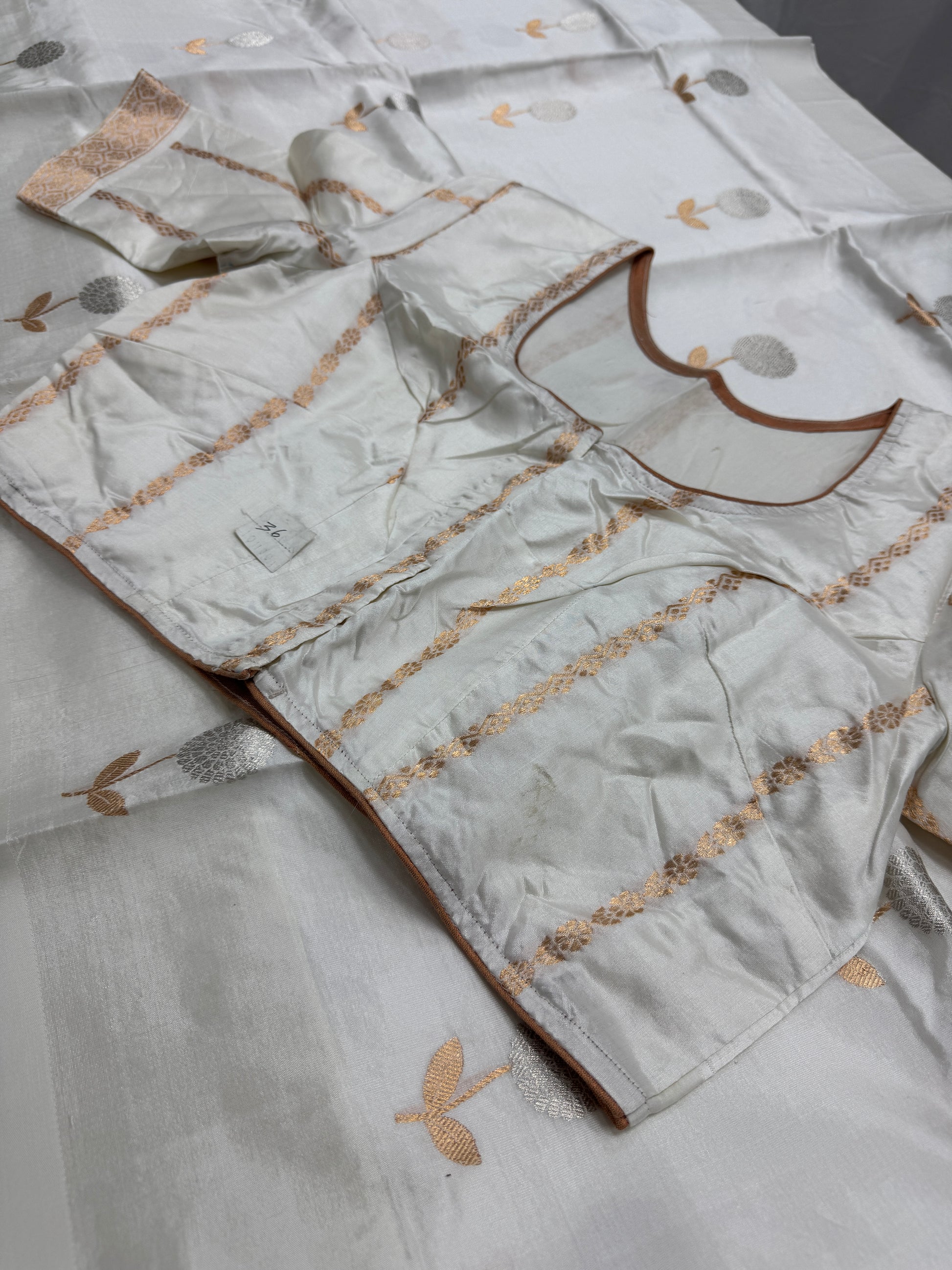 Ganga : White Silk Banarasi Saree with 36 Size Stitched Blouse image 1