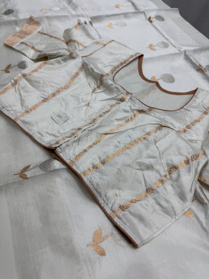 Ganga : White Silk Banarasi Saree with 36 Size Stitched Blouse image 1