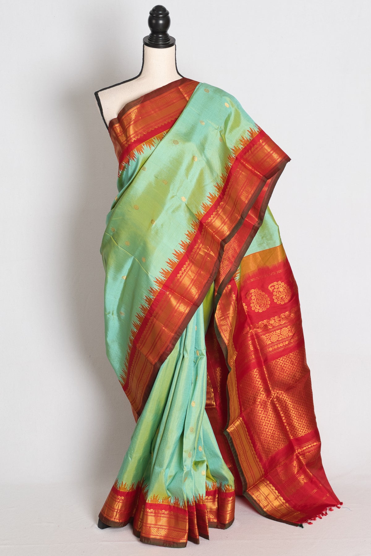 Girija : Sea Green and Red Handwoven Pure Gadwal Silk Saree image 0