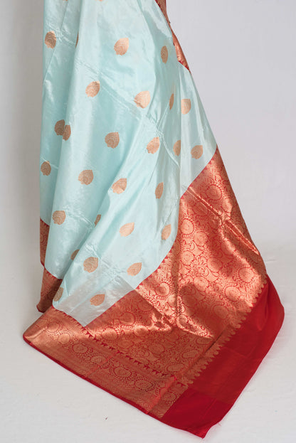 Madhavi : Certified Katan Silk Banarasi Saree in Sky Blue and Red image 3