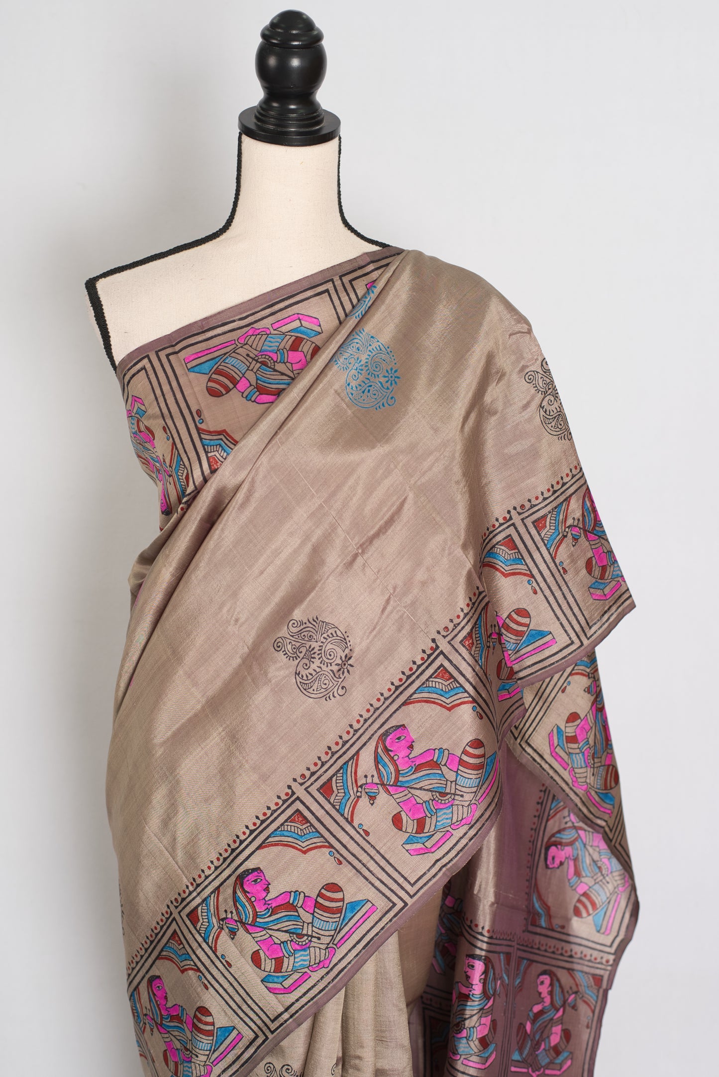 Ria | Ash Brown Hand Block Printed Bishnupur Silk Saree | 40 Size Blouse image 5