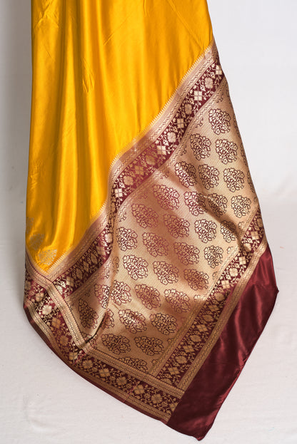 Damini: Mustard Yellow Semi Mashru Valkalam Banarasi Silk Saree image 3