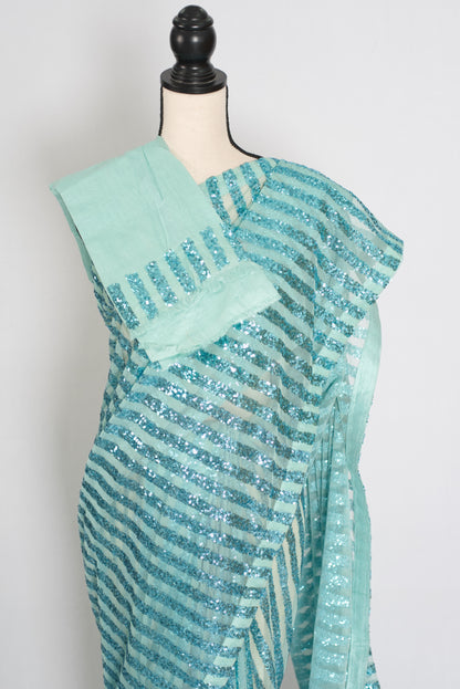 Naaz | Turquoise Blue Sequin Saree | Trending Bollywood Indian Partywear image 3