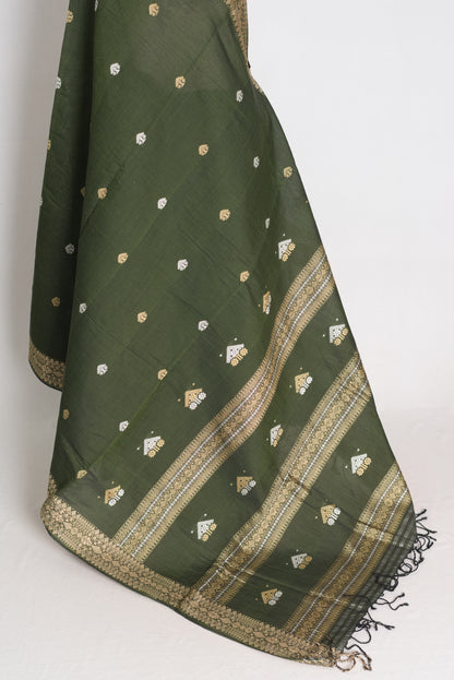 Mandira : Heena Green Pure Cotton Assamese Handloom Saree image 3