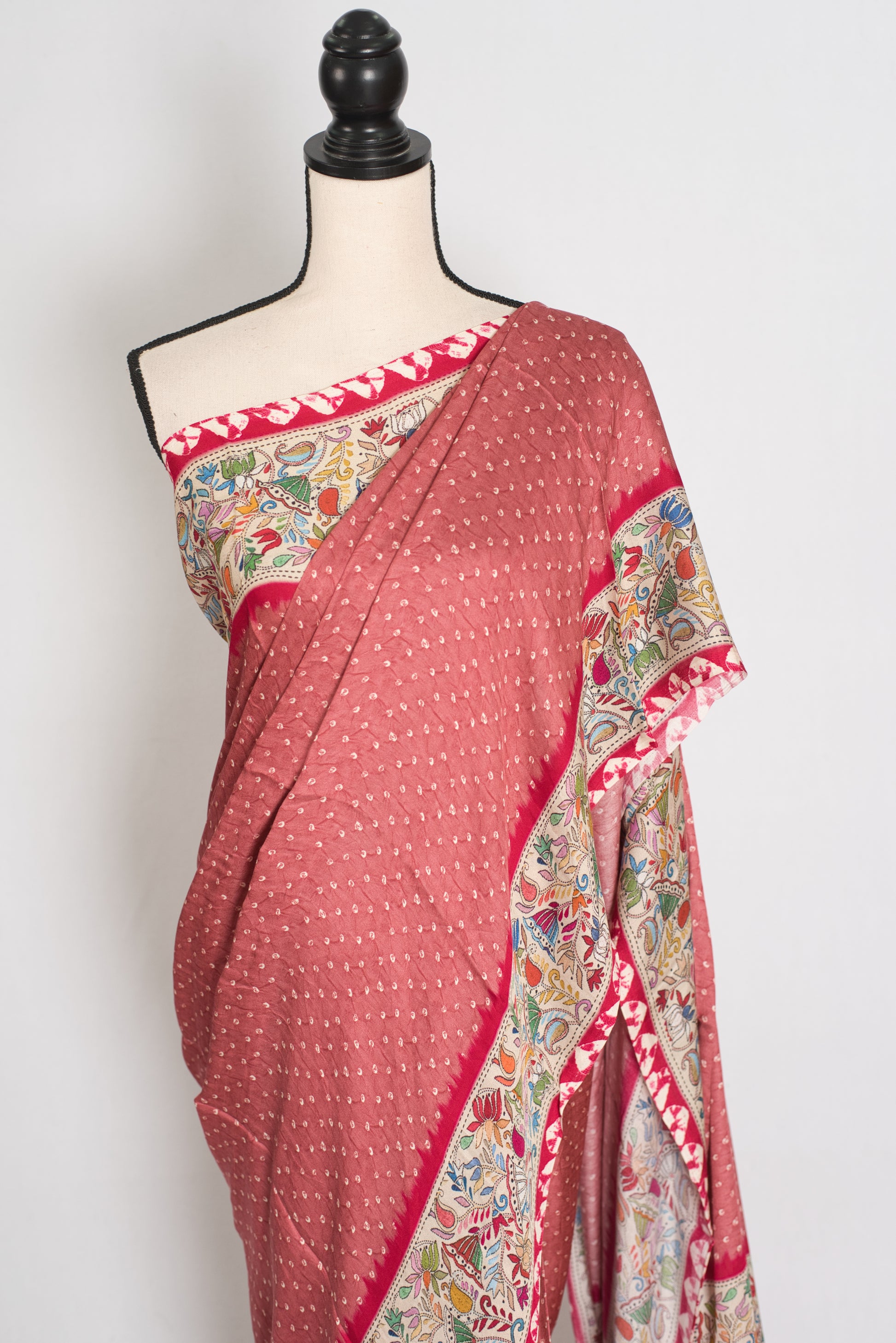 Bithi | Soft Pastel Pink & Beige Modal Silk Saree | Bandhani & Kantha Print image 6