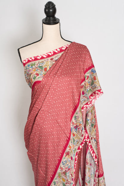 Bithi | Soft Pastel Pink & Beige Modal Silk Saree | Bandhani & Kantha Print image 6