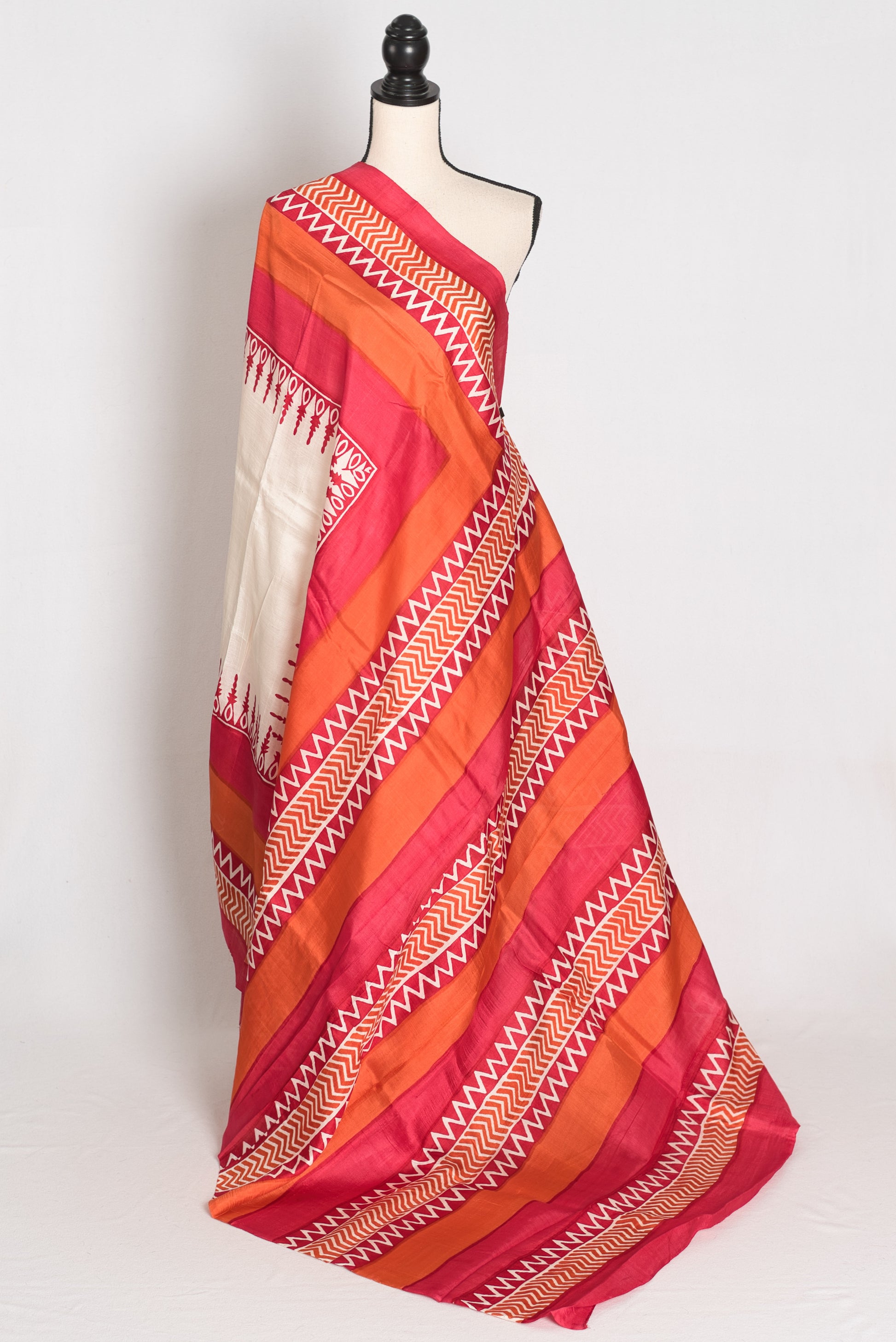Lakshmi : Off-White and Red Hand Block Printed Murshidabad Pure Silk Saree image 1