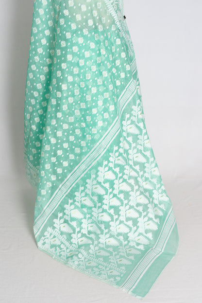 Sea Green and White Jamdani saree — detail view