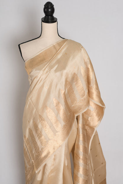 Shweta : Cream and Gold Satin Katan Silk Banarasi Saree | Silk Mark Certified image 6