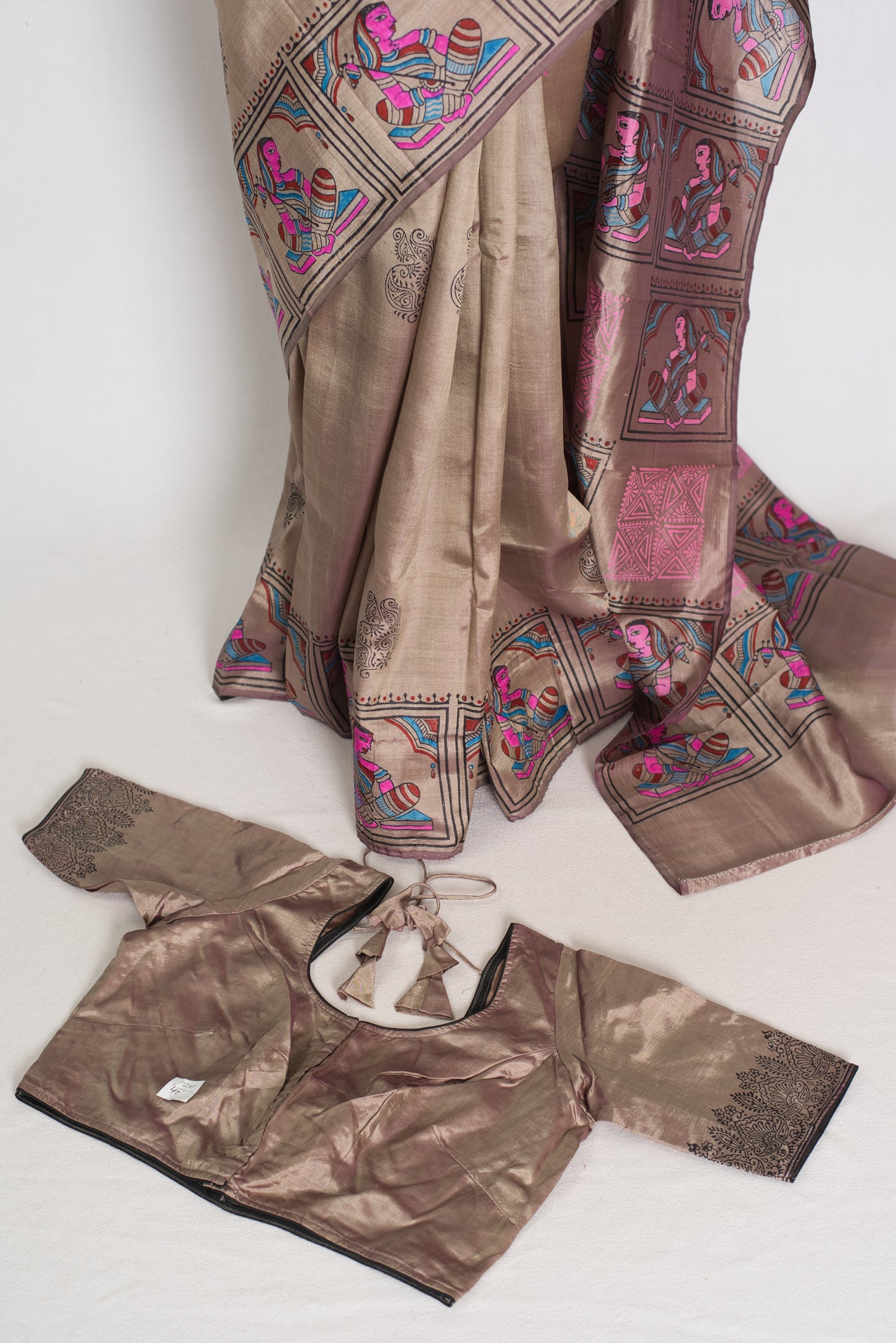 Ria | Ash Brown Hand Block Printed Bishnupur Silk Saree | 40 Size Blouse image 1