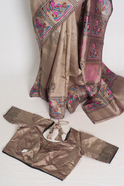 Ria | Ash Brown Hand Block Printed Bishnupur Silk Saree | 40 Size Blouse image 1